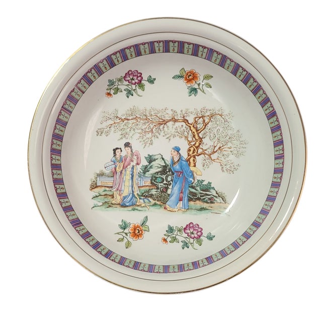 Vintage Chinoiserie Famille Rose Hand Painted Figural Large Serving Bowl For Sale - Image 11 of 11