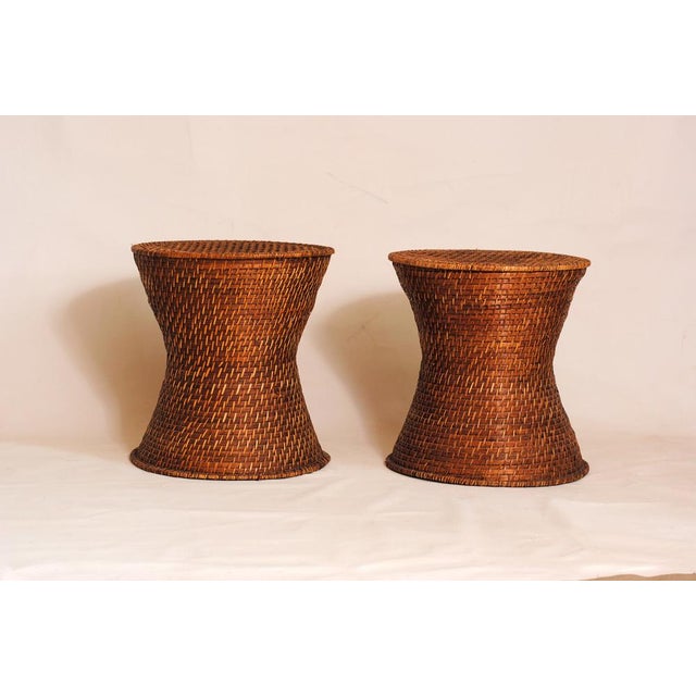 Boho Chic Woven Rattan Stools, 1950s, Set of 2 For Sale - Image 3 of 16