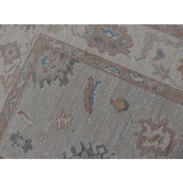 Floral Modern Oushak With Muted Gray Background and Cream Border For Sale - Image 12 of 13