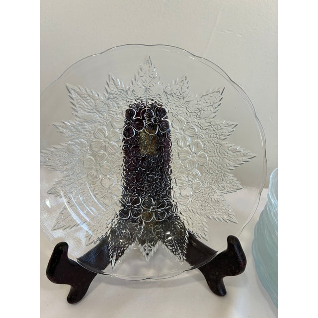 Mid-Century Modern Vintage Kig Indonesia Pressed Glass Floral Dessert Plates - Set of 11 For Sale - Image 3 of 11