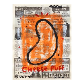 Orange Cheese Puff - Original Orange Pop Art Acrylic Painting on Korean Newspaper For Sale