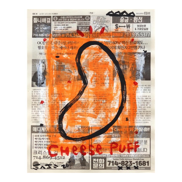 Orange Cheese Puff - Original Orange Pop Art Acrylic Painting on Korean Newspaper For Sale