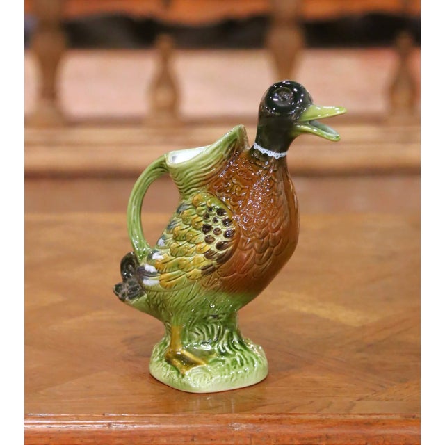 Mid-20th Century French Painted Barbotine Ceramic Duck Pitcher For Sale In Dallas - Image 6 of 12