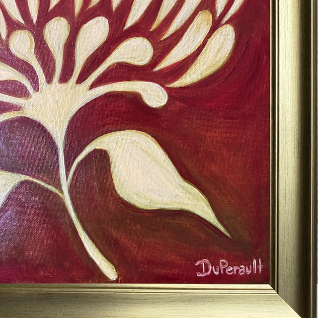 Art Deco Original Botanical Flower Painting in Brushed Gold Frame, Oil on Canvas, 14.5" X 14.5" by Tatiana Duperault For Sale - Image 3 of 5