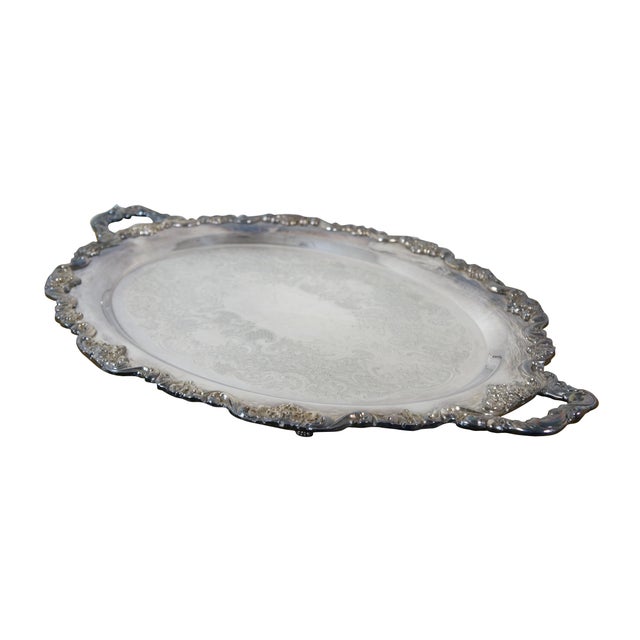 Very large Towle 6955 Grand Duchess scalloped Victorian floral silver plate handled bar / butler / waiter serving tray or...
