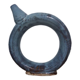 F-002 Vintage Studio Pottery 'Donut' Decanter by Cw – Brutalist Blue Glaze For Sale