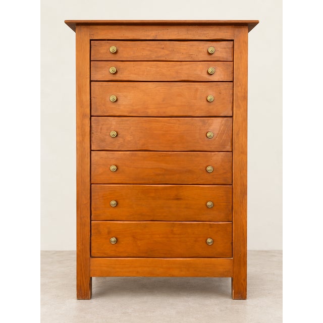 7-drawer wooden chest of drawers Vintage French retro oak Dimensions: height 136 cm, width 90 cm, depth 43 cm.
