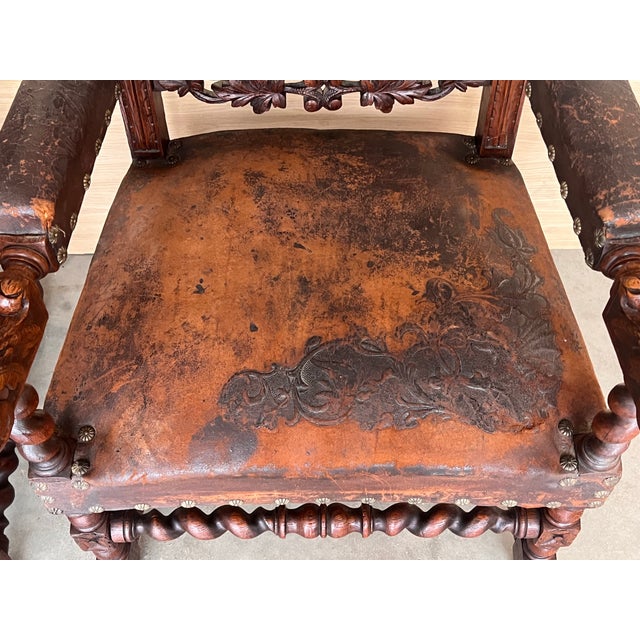 Pair of Colonial Catalan Spanish Altar Armchairs With Carved Leather For Sale - Image 11 of 12