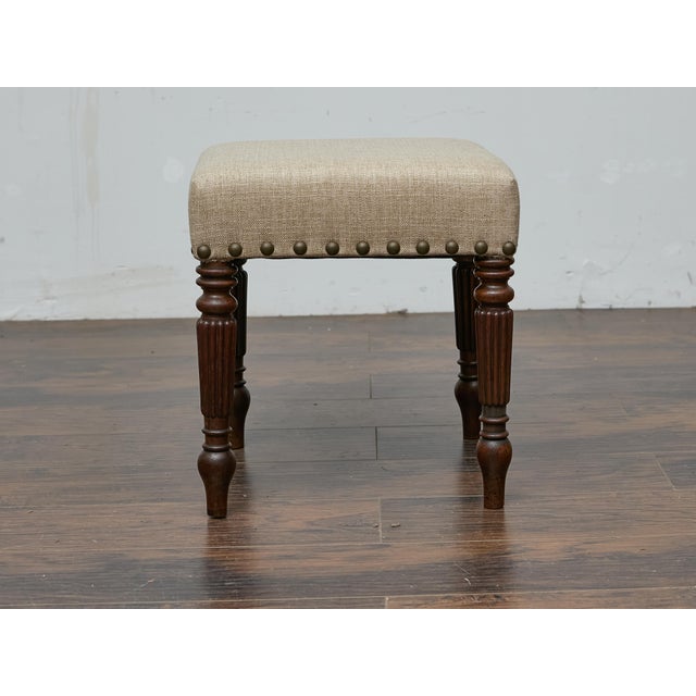 19th Century English Mahogany 19th Century Stool with Turned Legs and Custom Linen Upholstery For Sale - Image 5 of 12