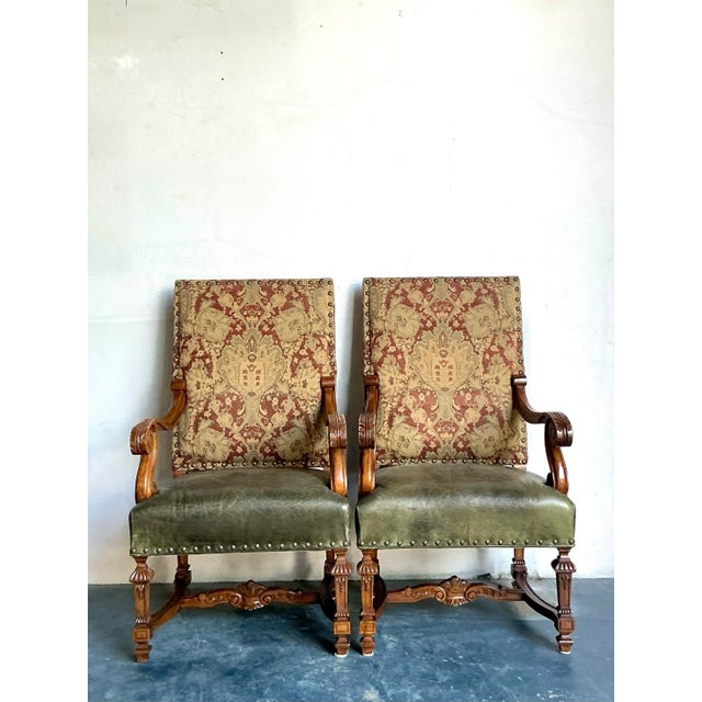 Army Green Vintage Boho Lillian August Throne Chairs - A Pair For Sale - Image 8 of 11