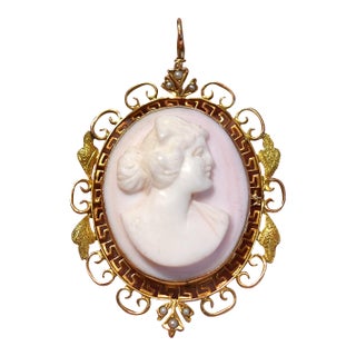 Antique 14k Conch Shell Cameo With Seed Pearls Brooch and Pendant For Sale