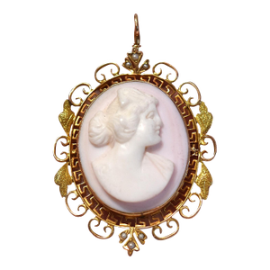 Antique 14k Conch Shell Cameo With Seed Pearls Brooch and Pendant