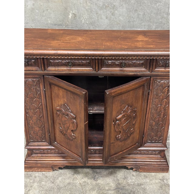 19th Century Carved Oak Sideboard Buffet Cabinet Renaissance Revival 44” For Sale - Image 9 of 18