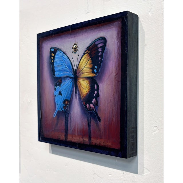 Contemporary Hybrid Butterfly 55 by Stacy D'Aguiar | Acrylic on wood of a butterfly with blue and yellow wings For Sale - Image 3 of 5