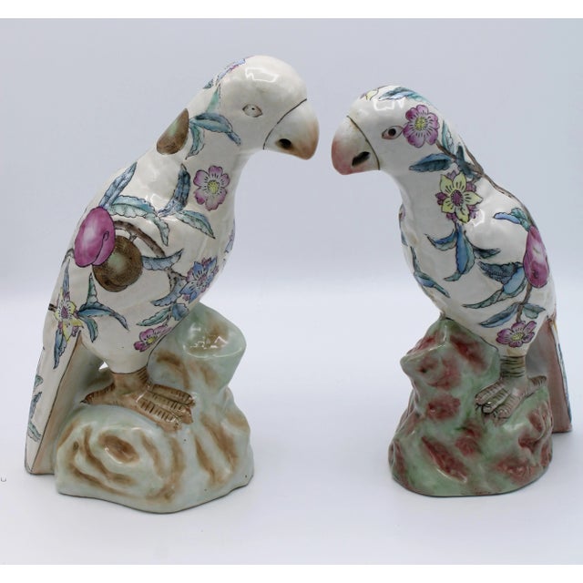 Large Mid Century Famille Rose Chinese Export Parrot Figurines - Set of Two For Sale - Image 4 of 12