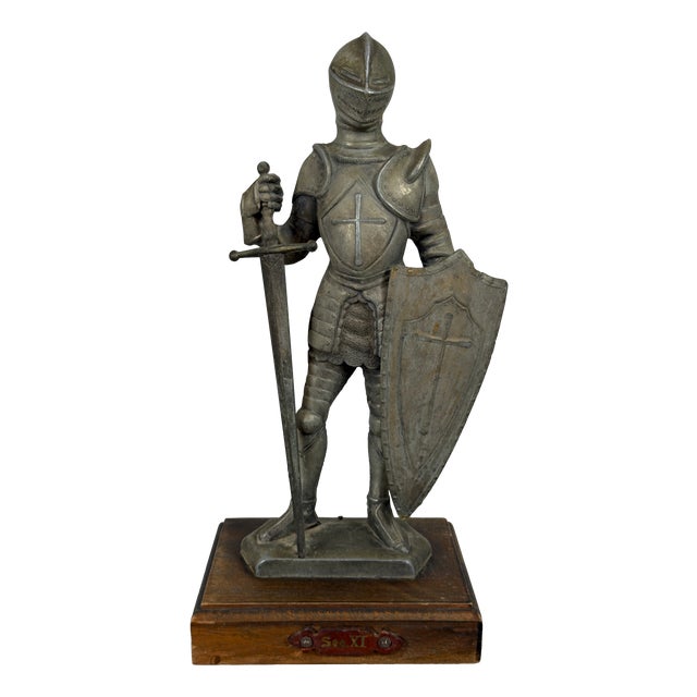 Vintage Medieval Knight Statue in Armor with Sword and Shield on Wooden Base from Artigianale, 1950s For Sale