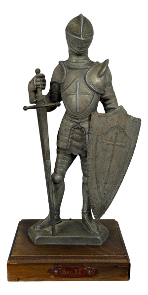 Vintage Medieval Knight Statue in Armor with Sword and Shield on Wooden Base from Artigianale, 1950s