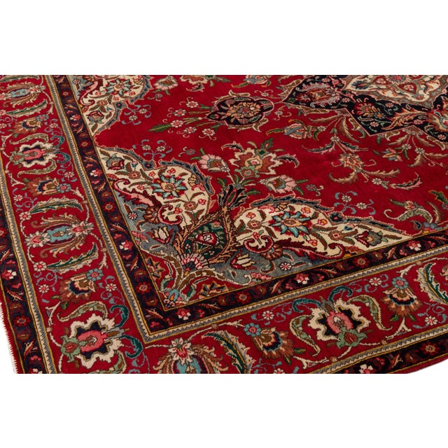 Red Vintage Persian Tabriz Handmade Wool Red Floral Rug For Sale - Image 8 of 10