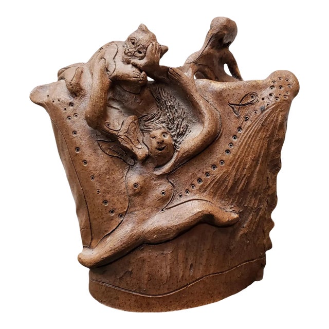 1980s Eva Bouzard-Hui Art Pottery Nude Women and Cat Clay Sculpture For Sale