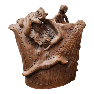 1980s Eva Bouzard-Hui Art Pottery Nude Women and Cat Clay Sculpture