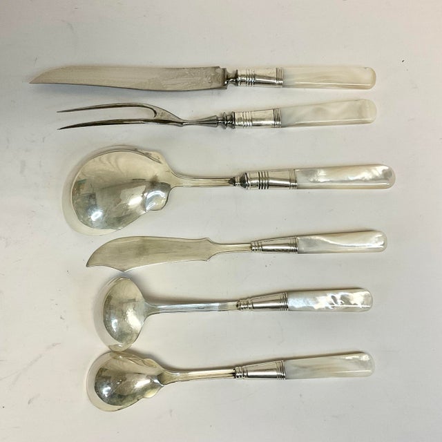 1920s Antique English Hollywood Regency Mother of Pearl Sterling Silver Serving Utensils - Set of 6 For Sale - Image 9 of 10