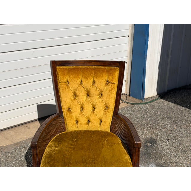 Gold Pair of Vintage Mid-Century Hollywood Regency High-Back Velvet Fireside Chairs For Sale - Image 8 of 12