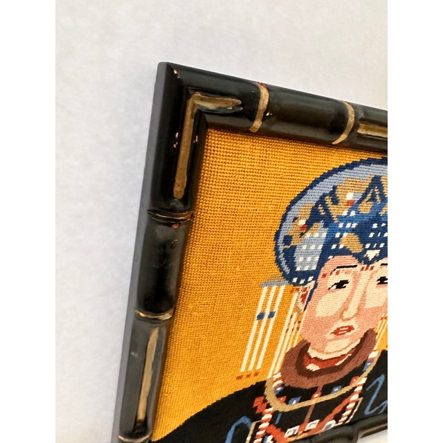 Asian Vintage Needlepoint Asian Portrait For Sale - Image 3 of 6