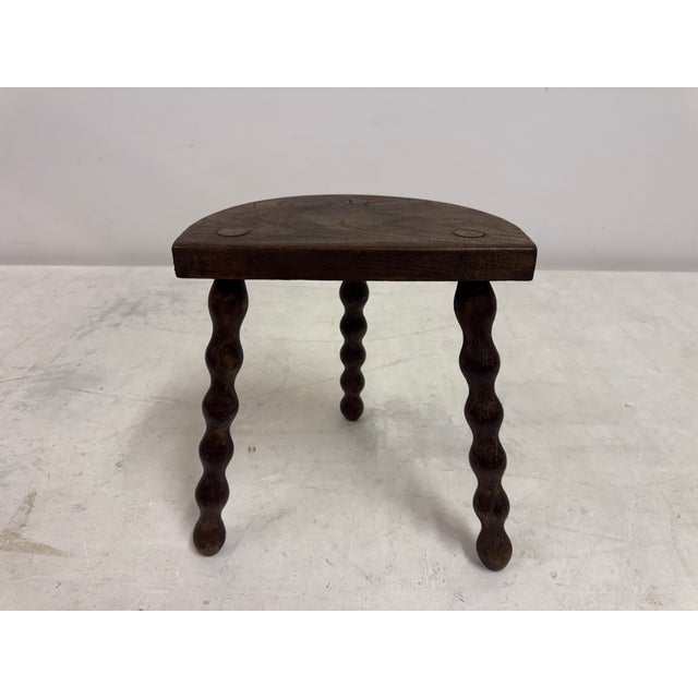 Vintage French stool Half-moon (demilune) wooden top Bobbin style turned legs Tripod milking stool