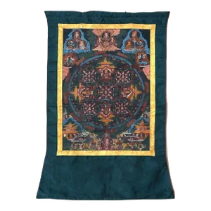 Antique Tibetan Hand Painted Silk and Canvas Thangka with Figures, Circa 1920