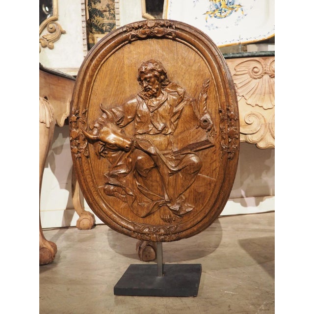 Antique French Carved and Incurved Oak Bas Relief Plaque of St Luke, C. 1720 For Sale - Image 13 of 13