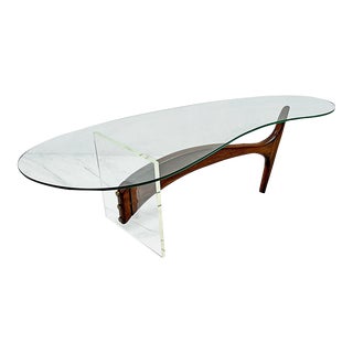 Mid Century Acrylic and Walnut Biomorphic Coffee Table Style of Vladimir Kagan For Sale