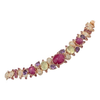 Bochic "Capri" Vintage Amethyst & Multi Color Sapphires Cuff - 18K & Silver For Sale