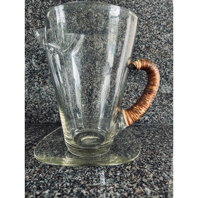 Wood Vintage Carl Aubock Style Pitcher With Rattan Wrapped Handle and Attached Underplate For Sale - Image 7 of 12