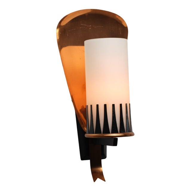 Italian Bronze and Black-Lacquered Steel Wall Sconce with Opaline Glass, 1950s For Sale
