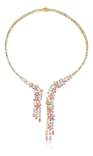 Nina Zhou Galaxy Aquamarine Pink Sapphire Diamond Statement Necklace in 14k Yellow Gold