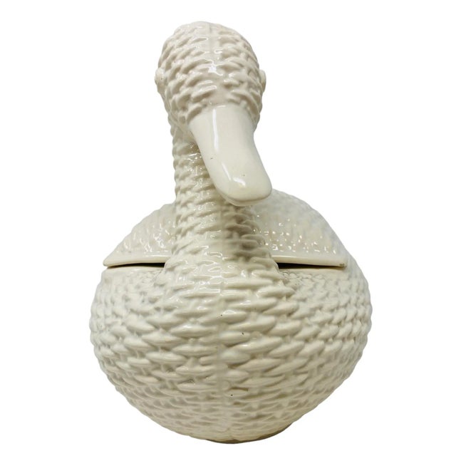 Farmhouse Mid-20th Century White Majolica Faux Wicker Duck Tureen With Lid For Sale - Image 3 of 13