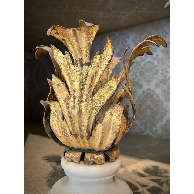 Italian Renaissance Gilded Iron Candleholders on Carrara Marble Sockles, Set of 2 For Sale - Image 4 of 11