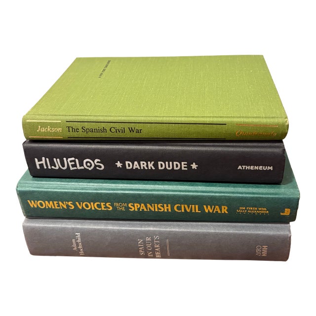 Vintage Spanish Civil War & Identity Hardcover Book Stack - Set of 4 - Grass Green Linen & Slate Tones - Academic Library Vignette For Sale