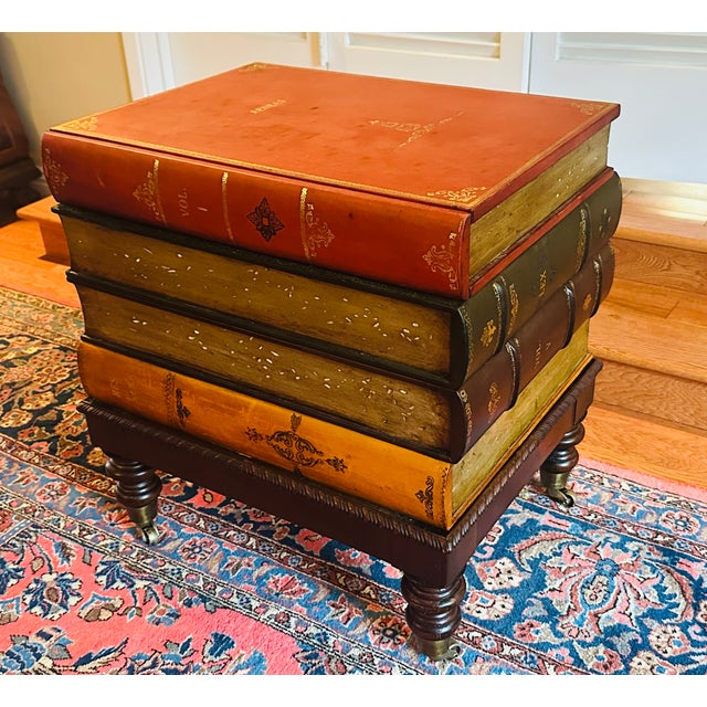 Vintage Italian Tooled Leather Stacked Book Side Table on wooden base . Item features stacked leather-bound book form,...