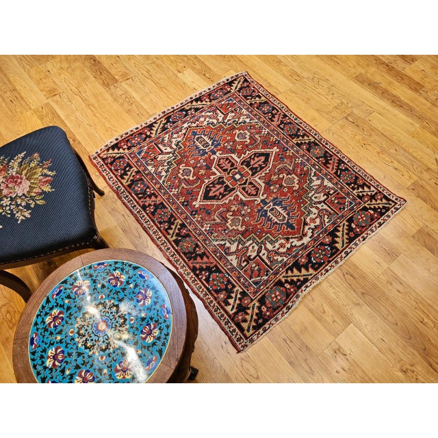 Vintage Persian Heriz Serapi Rug, Hand-Knotted Wool, Geometric Pattern, Brick-Red & Ivory, 4x4 For Sale - Image 15 of 18