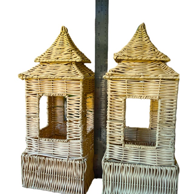 Bunny Williams Home Pair of Rattan Pagoda Lanterns in Coastal Chinoiserie Style – 16” X 6” X 6” For Sale - Image 4 of 5