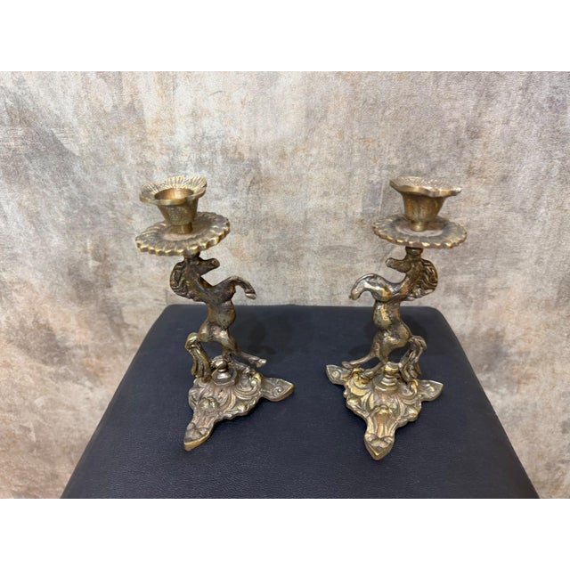 Antiqued Brass Horse Candlestick Pair For Sale - Image 9 of 10