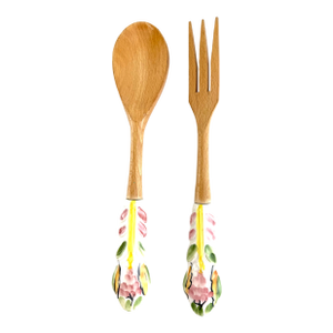 1980s Italian Hand-Painted Ceramic & Wood Salad Server Set