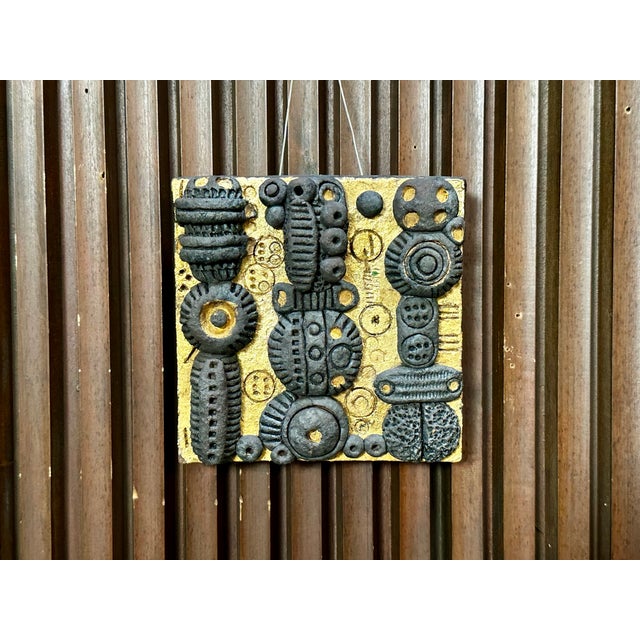 Gold Brutalist Gold-Brown Ceramic Art Wall Tile with Relief Decoration, Germany, 1970s For Sale - Image 8 of 15