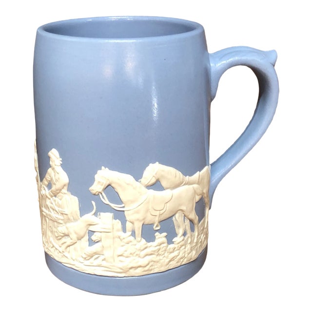 Vintage Blue Jasperware Tankard Mug Hunt Scene For Sale