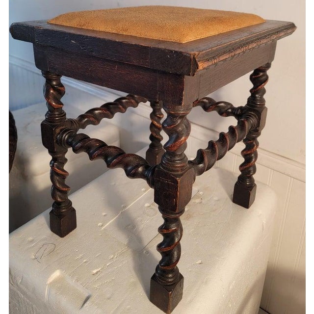 Folk Art Early 20th Century Barley Twist Bench/ Stool With Leather Cushion For Sale - Image 3 of 6