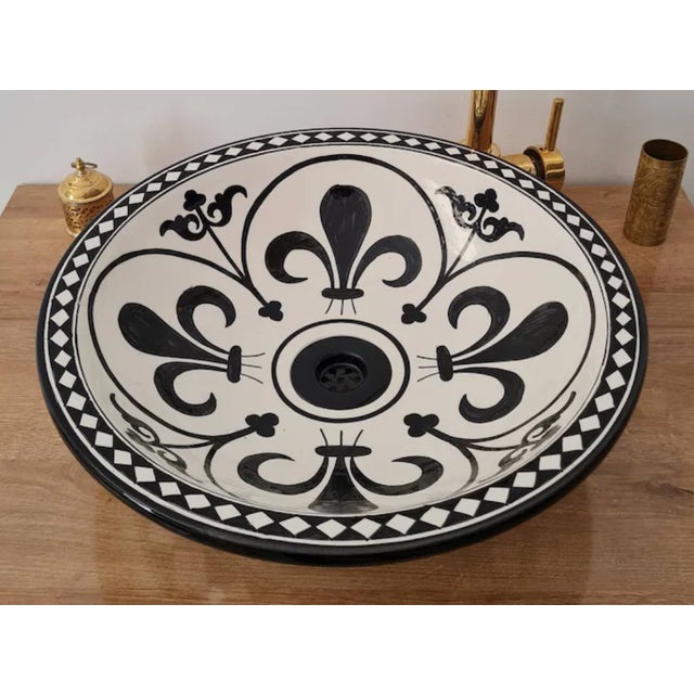 Contemporary Black and White Bathroom Sink with Brass Drain For Sale - Image 6 of 6