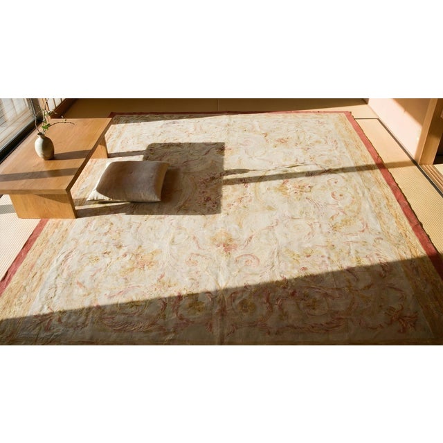 1870s Beige Floral Medallion Antique French Aubusson Rug 13'6" X 14'9" Flatweave Wool Carpet For Sale - Image 11 of 11
