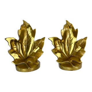 1970s Vintage Brass Leaf Bookends - a Pair For Sale
