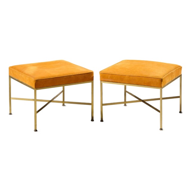 Paul McCobb for Calvin Mid Century Brass X Base Stools - Pair For Sale